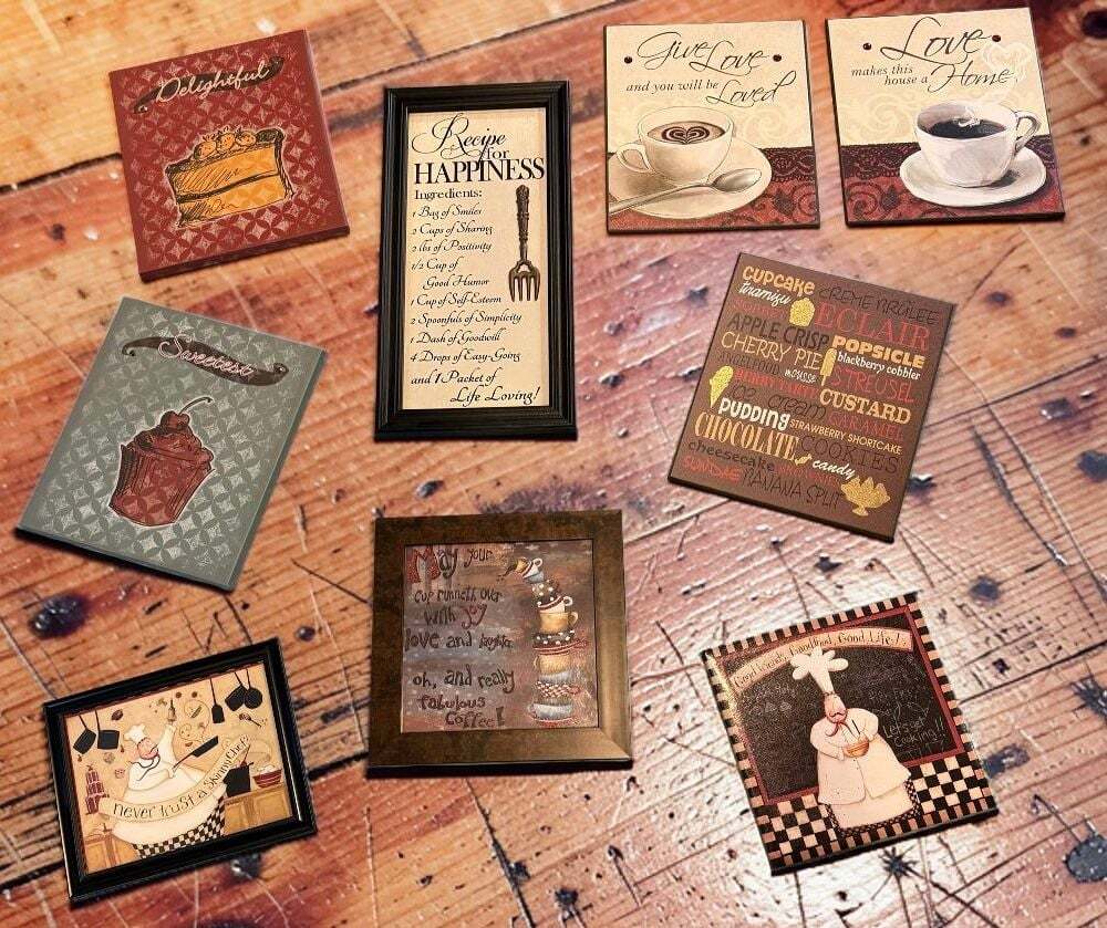 Set of 8 Kitchen & Cafe Themed Framed Wall Art Plaques - Chef, Coffee, Desserts